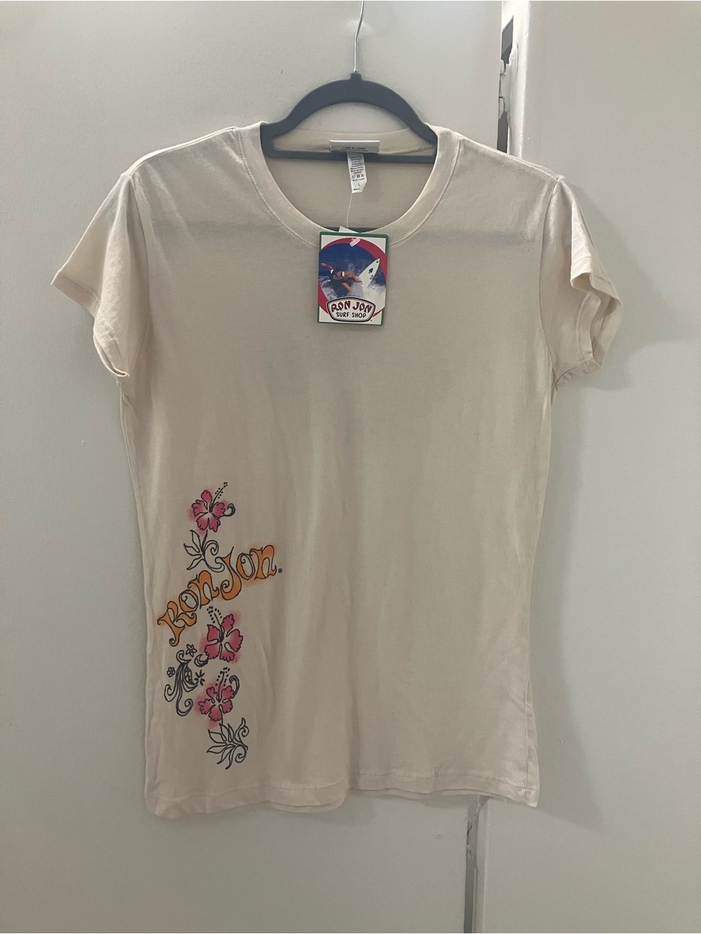 NEW Ron Jon Womens Beige Cotton Cap Sleeve Tshirt Top Sz L Floral Ocean Graphic